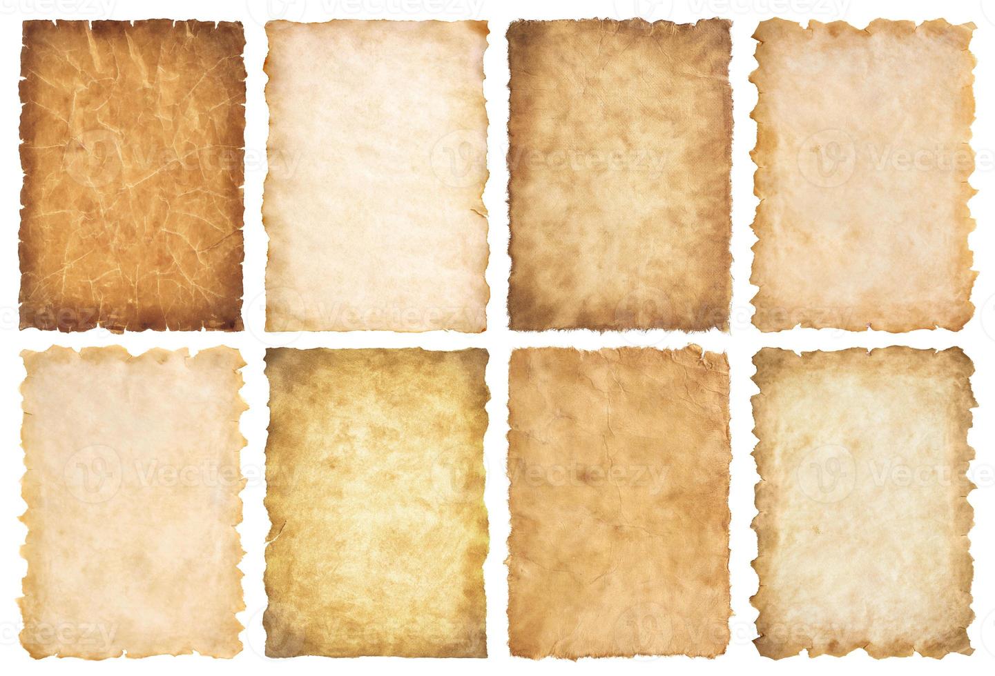 collection set old parchment paper sheet vintage aged or texture isolated on white background photo