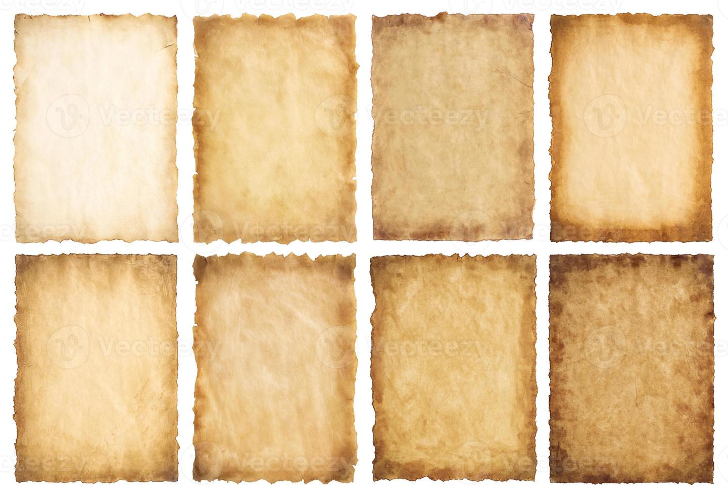 collection set old parchment paper sheet vintage aged or texture isolated on white background photo