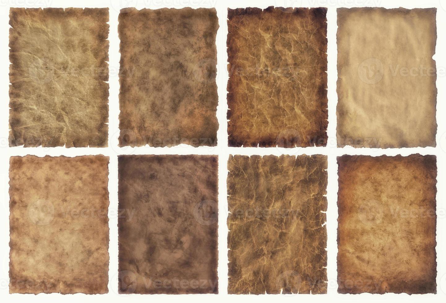 collection set old parchment paper sheet vintage aged or texture isolated on white background photo
