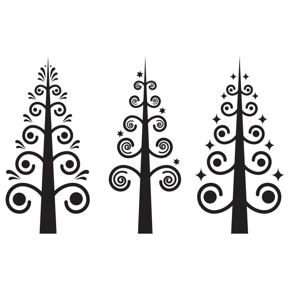 A set of illustrations of an abstract Christmas tree doodle hand-drawn vector sketch lines