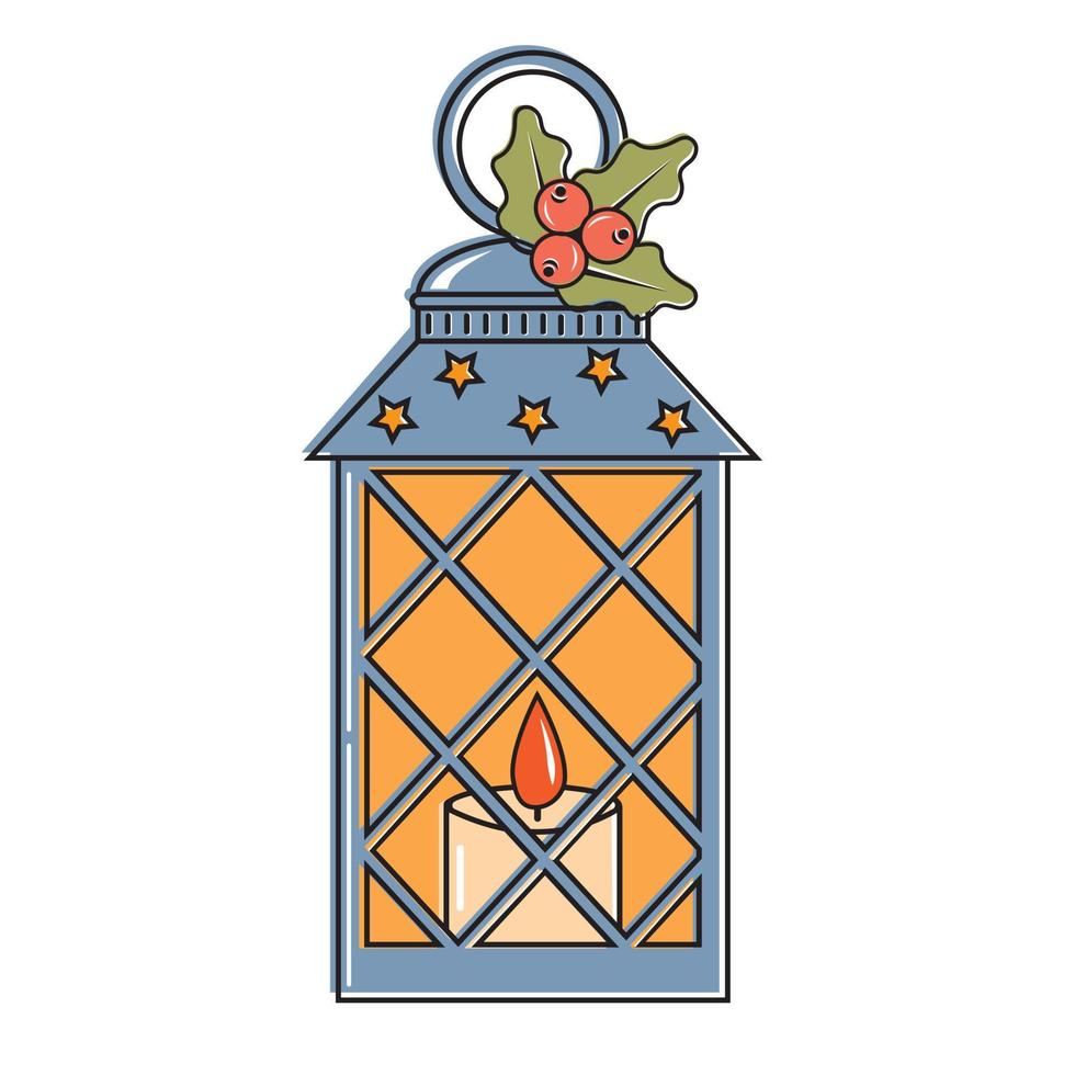 Interior landscape Christmas lantern with candle, color vector illustration in cartoon style.