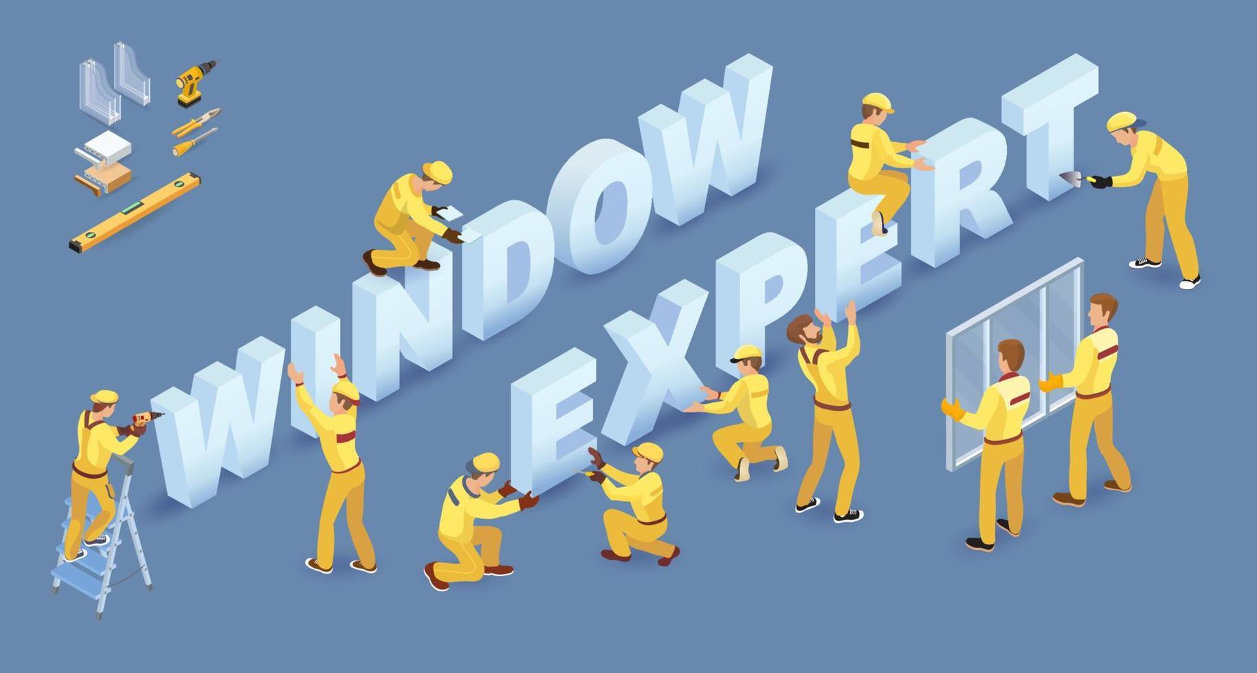 Team of Workers and isometric words Window expert. Vector 3d