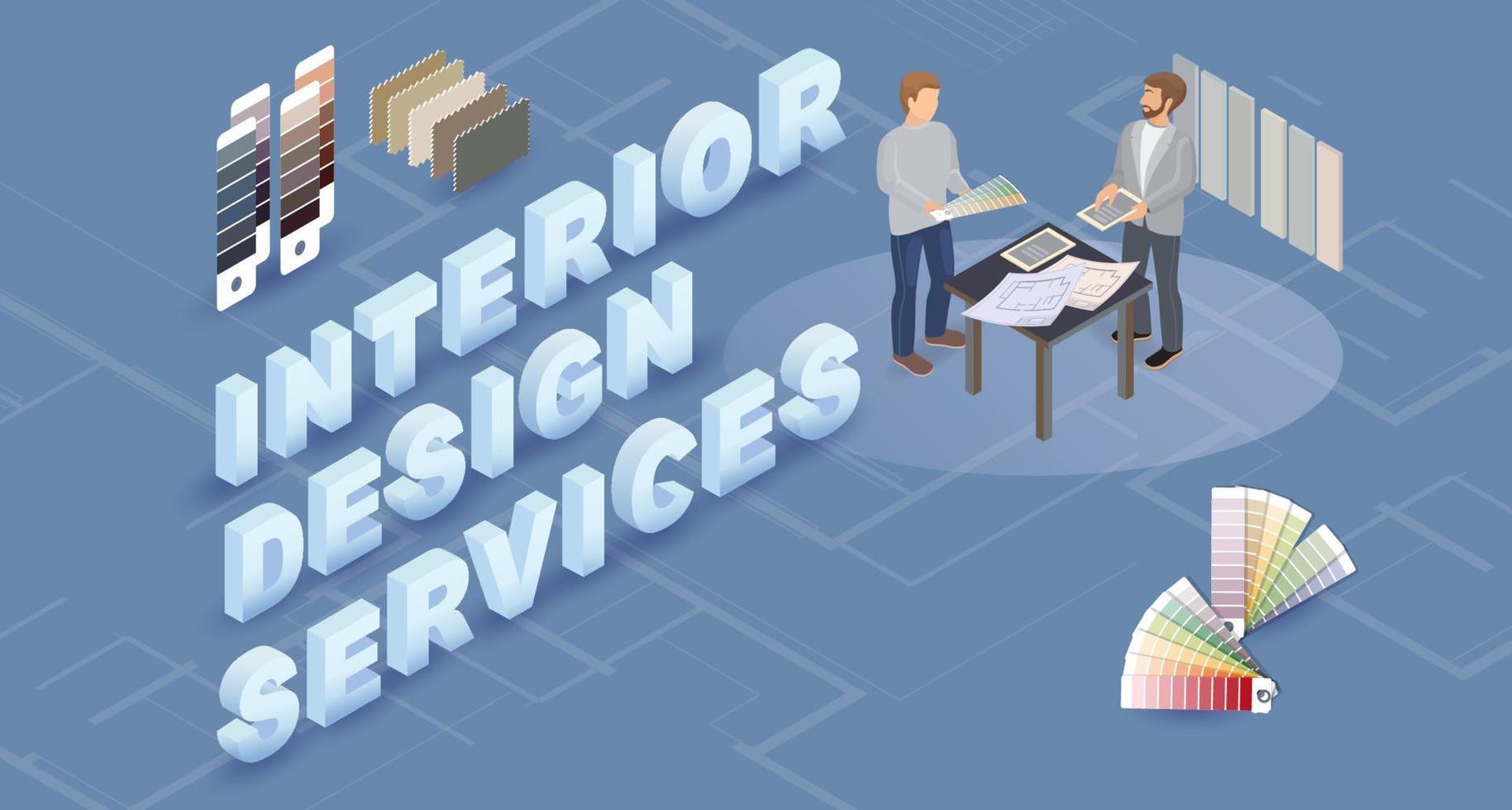 Interior Design Services. Designer and customer. Isometric vector 3d illustration.