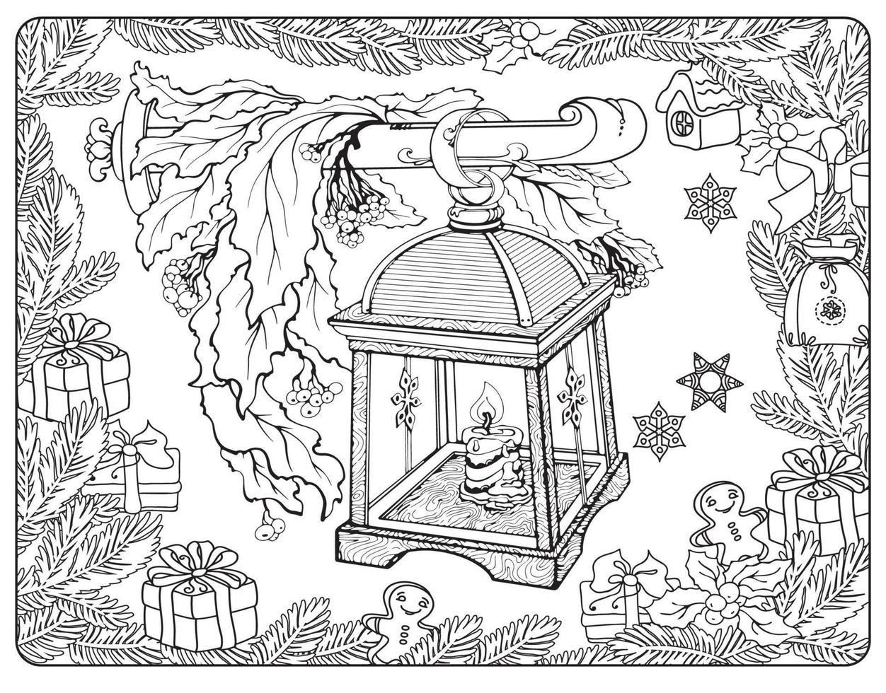 página para colorear con linterna de invierno. divertidos símbolos navideños. ilustración vectorial vector