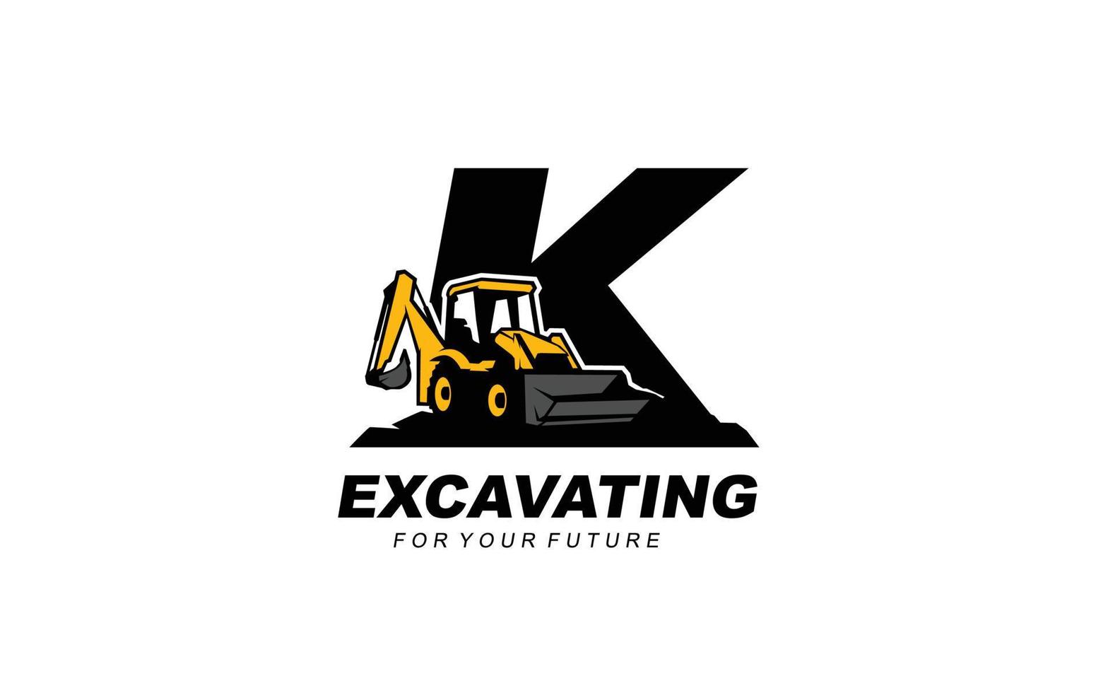 K logo excavator for construction company. Heavy equipment template vector illustration for your brand.