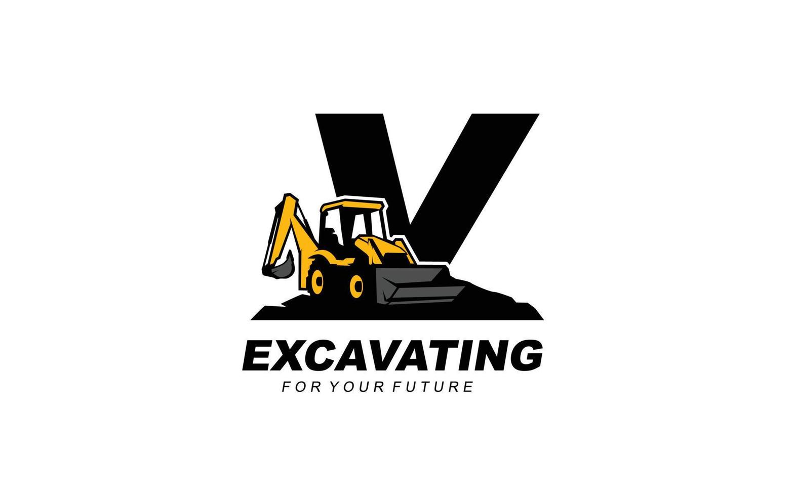 V logo excavator for construction company. Heavy equipment template vector illustration for your brand.