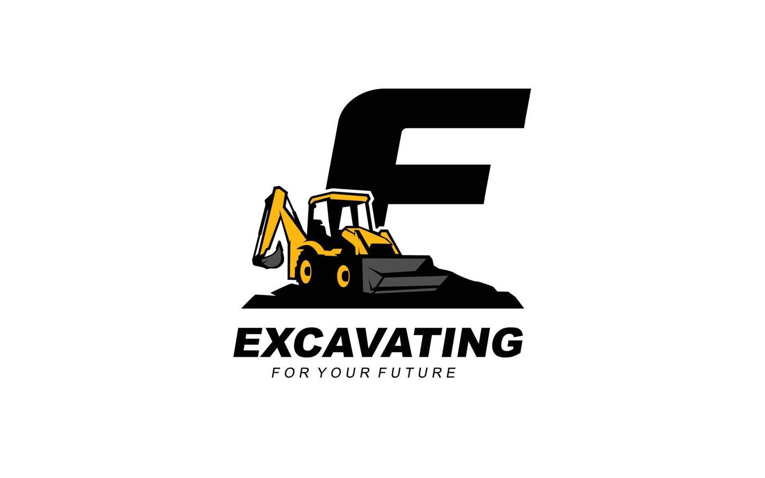 F logo excavator for construction company. Heavy equipment template vector illustration for your brand.