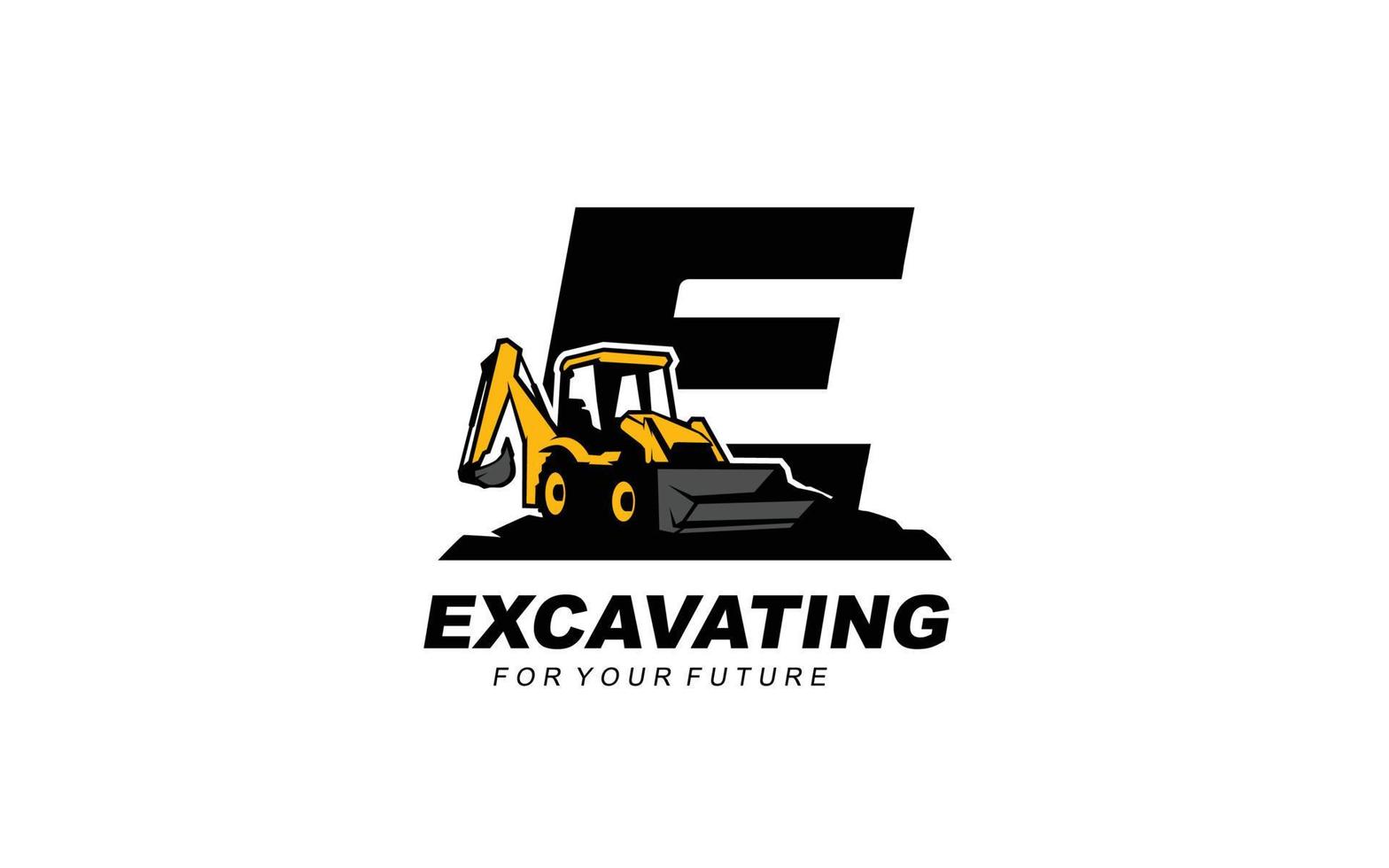 E logo excavator for construction company. Heavy equipment template vector illustration for your brand.