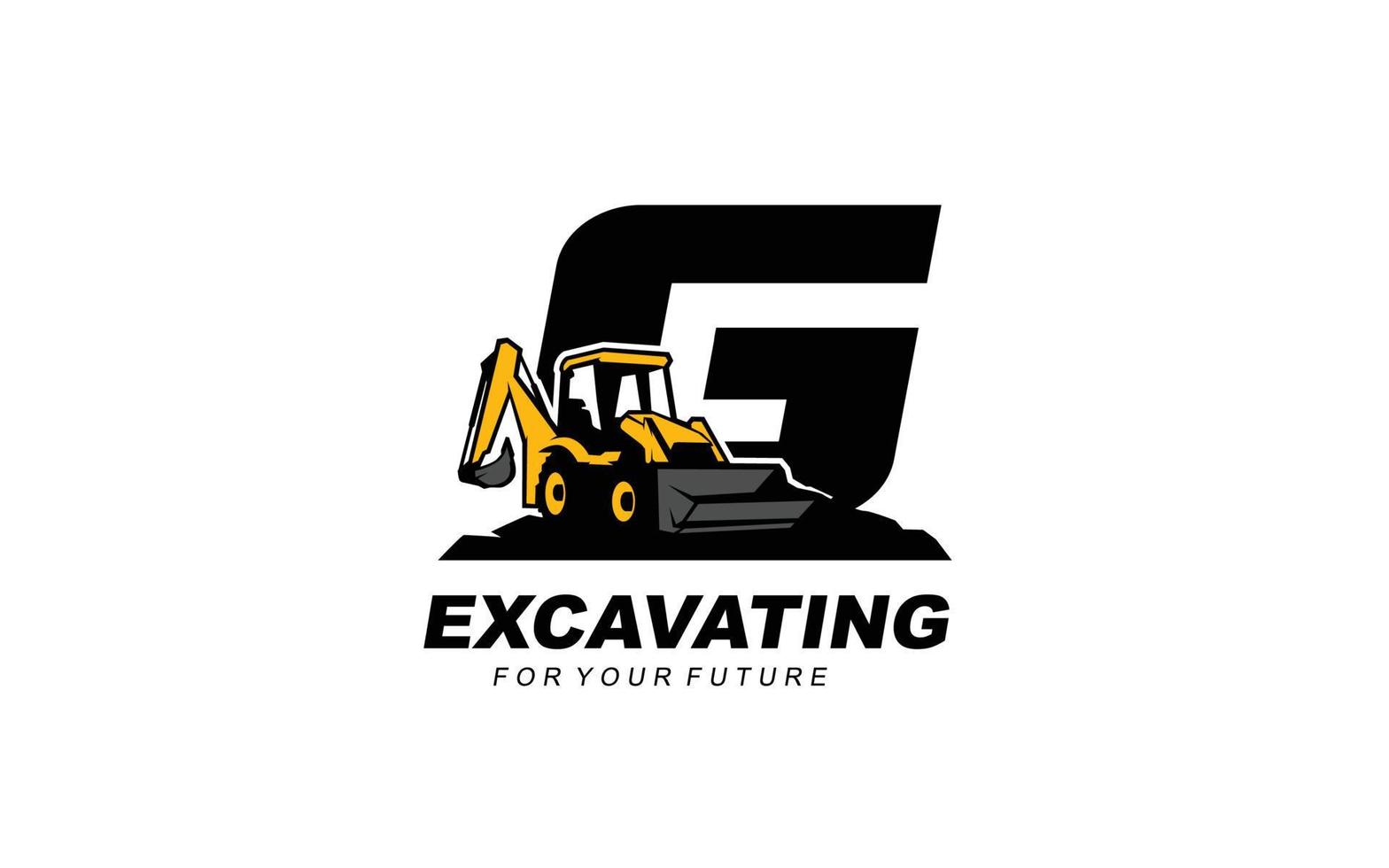 G logo excavator for construction company. Heavy equipment template vector illustration for your brand.