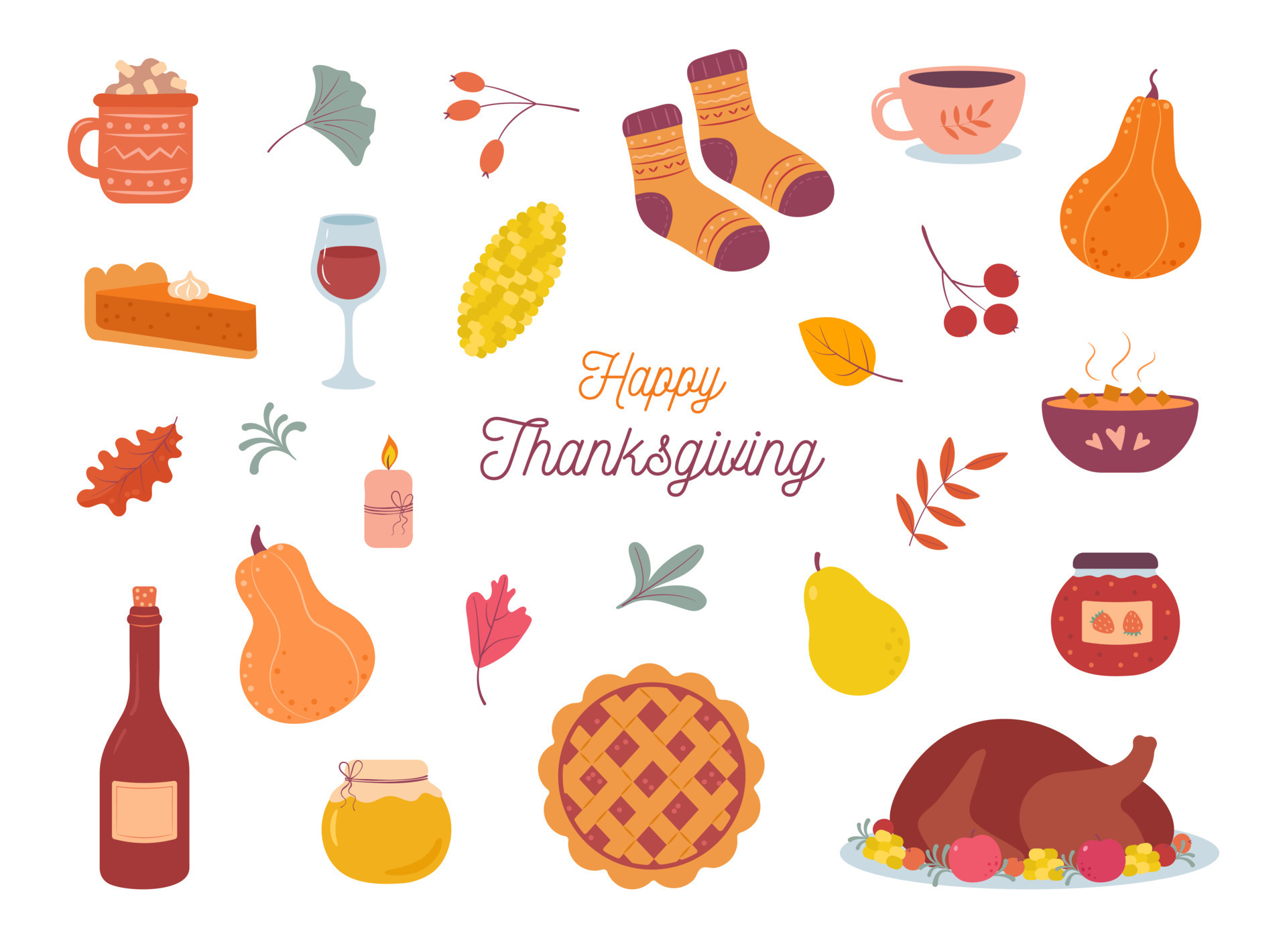 Thanksgiving day. Vector cozy set of autumn icons. Turkey, falling