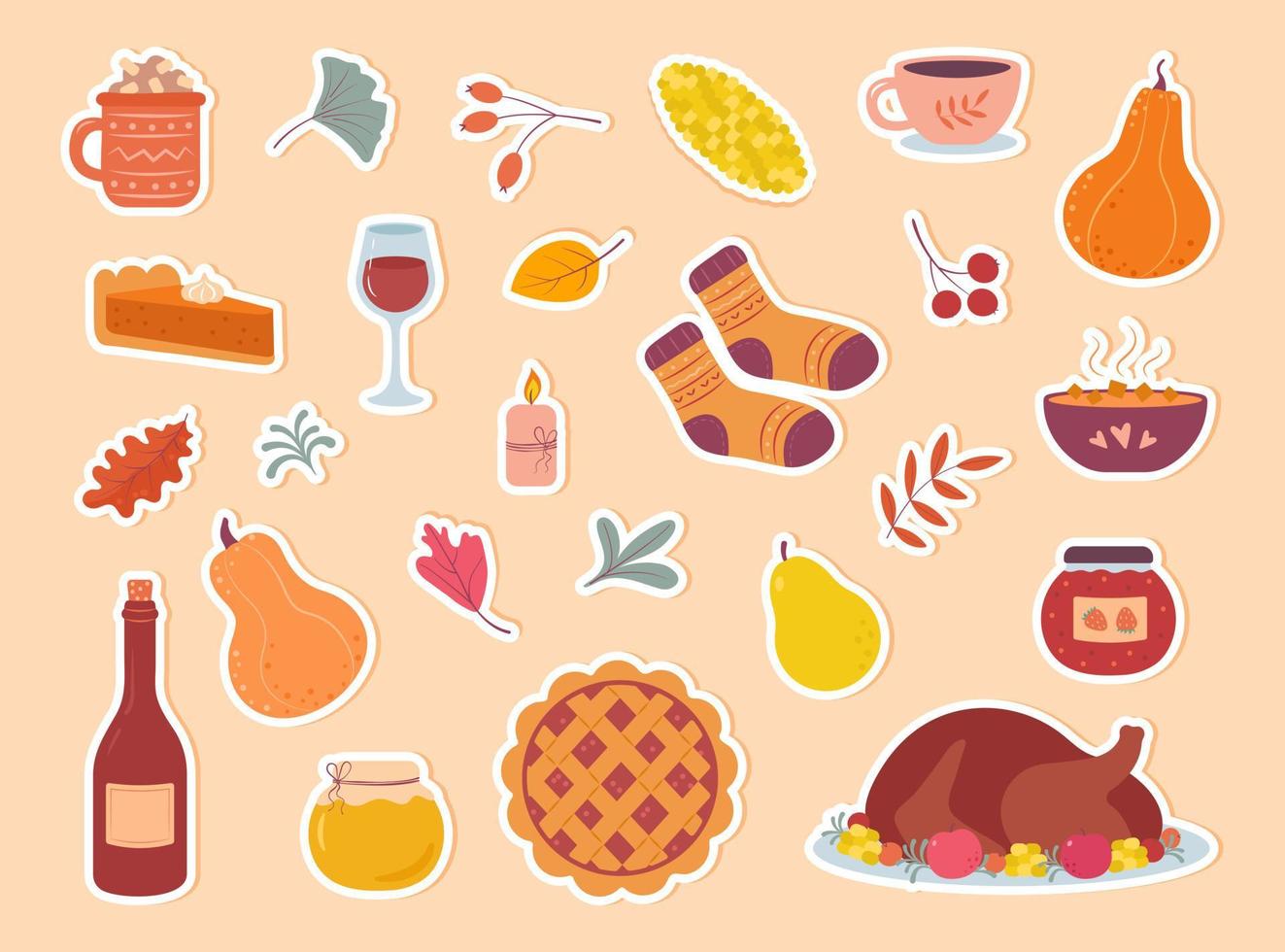 Thanksgiving day. Vector cozy set of autumn stickers. Turkey, falling leaves, pumpkin pie, candle, cocoa mug, pumpkins, cozy food. Scrapbook collection of fall season elements.