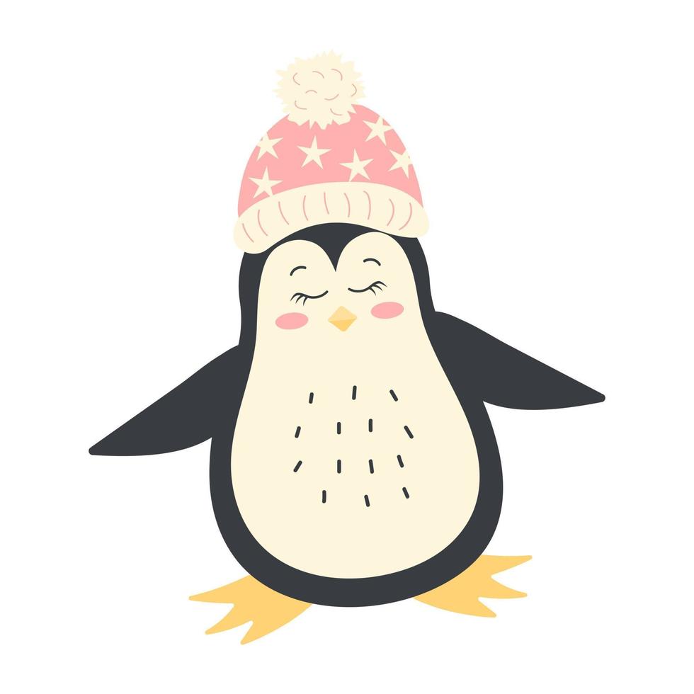 Cute funny penguin in a pink winter hat. Antarctic bird, cartoon character isolated on white background. vector