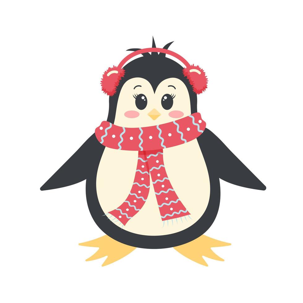 Cute penguin in winter headphones and scarf. Antarctic bird, cartoon character isolated on white background. vector