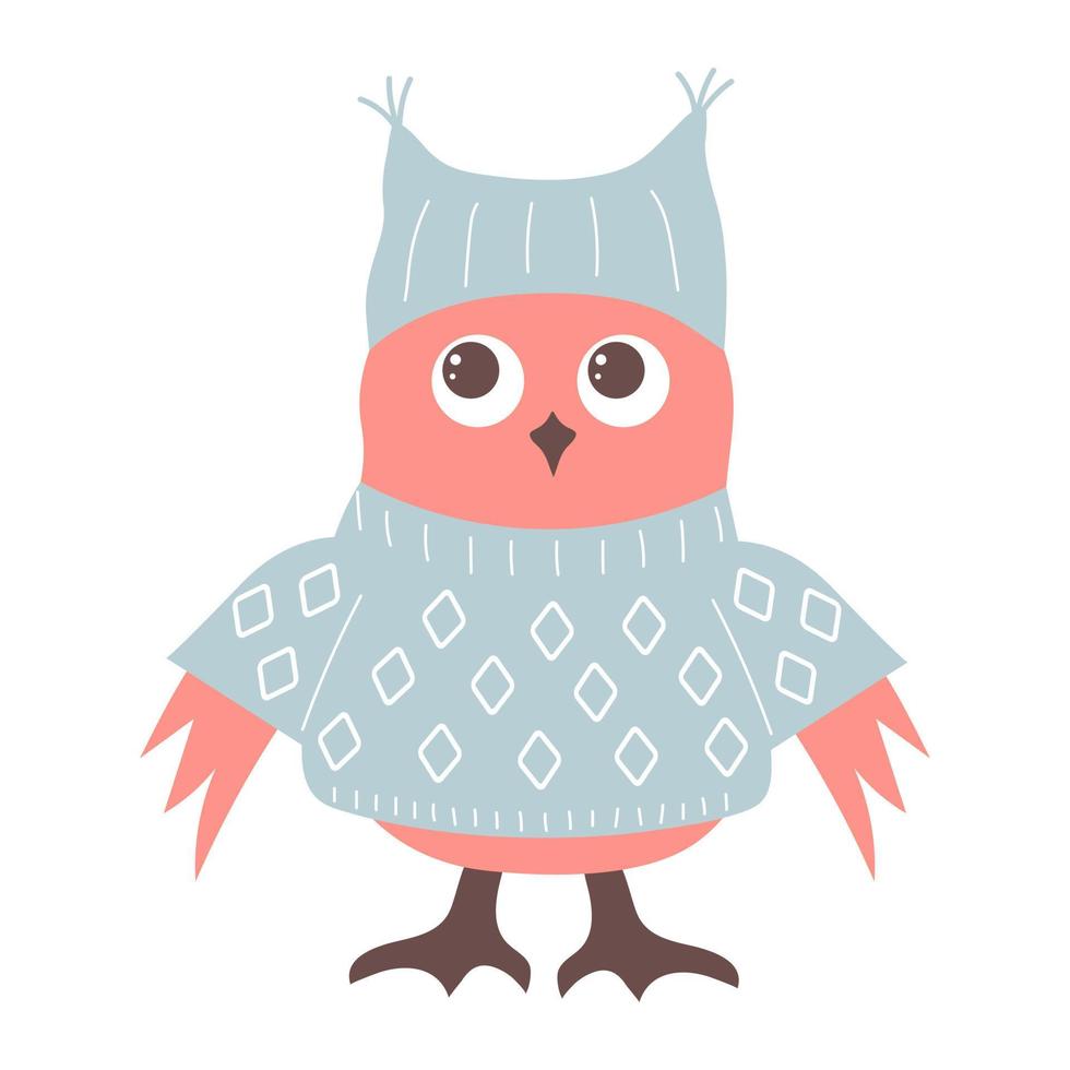 lindo buho tonto divertido en suéter y un sombrero. personaje de dibujos animados de pájaros del bosque. vector