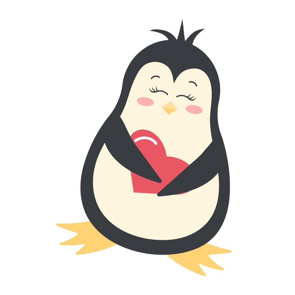 lindo pingüino divertido sosteniendo un corazón. pájaro antártico, personaje de dibujos animados aislado sobre fondo blanco. vector