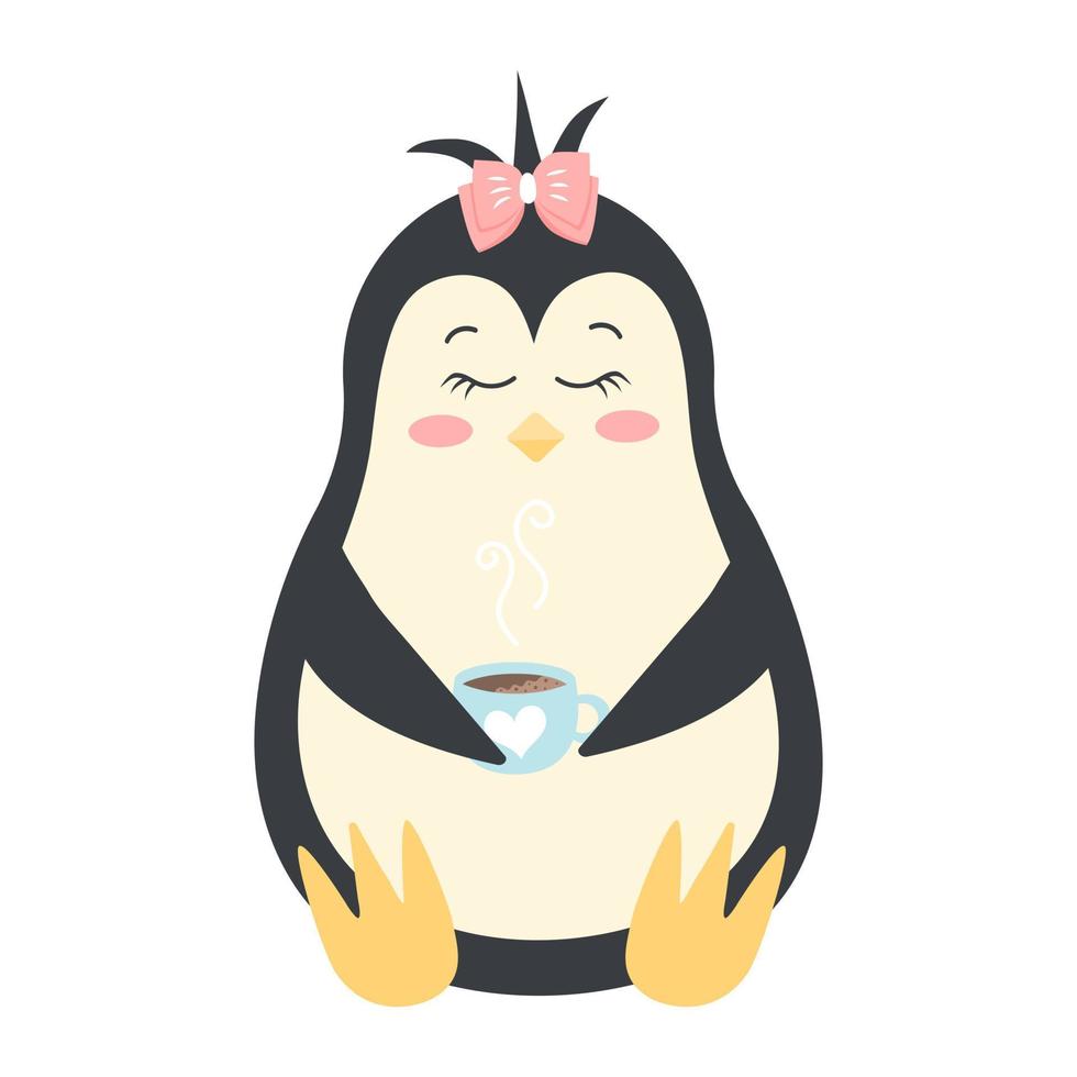 linda chica pingüino en un arco con taza de café caliente. pájaro antártico, personaje de dibujos animados aislado sobre fondo blanco. vector