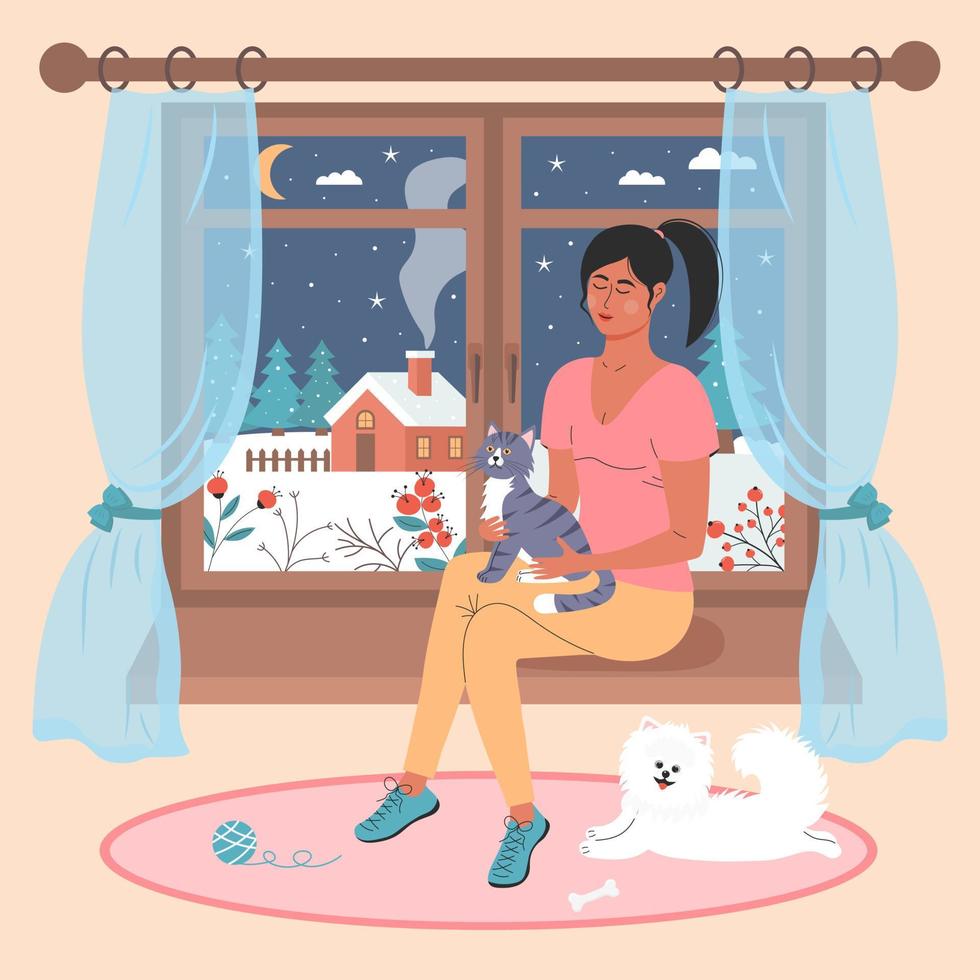 chica con un gato sentado en la ventana. spitz blanco tirado en la alfombra cercana. hay un paisaje nocturno de invierno fuera de la ventana. estado de ánimo invernal, amor a las mascotas, concepto de hogar relajante y acogedor. vector