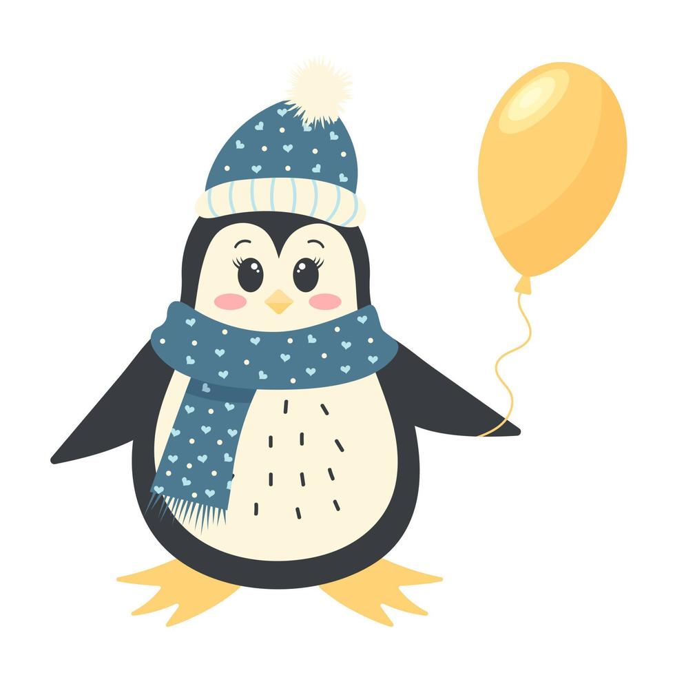 lindo pingüino divertido en un sombrero de invierno y bufanda sosteniendo un globo. pájaro antártico, personaje de dibujos animados aislado sobre fondo blanco. vector