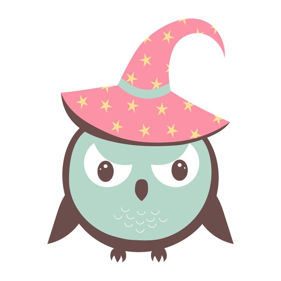 lindo búho insatisfecho divertido en un sombrero de halloween. personaje de dibujos animados de pájaros del bosque. vector