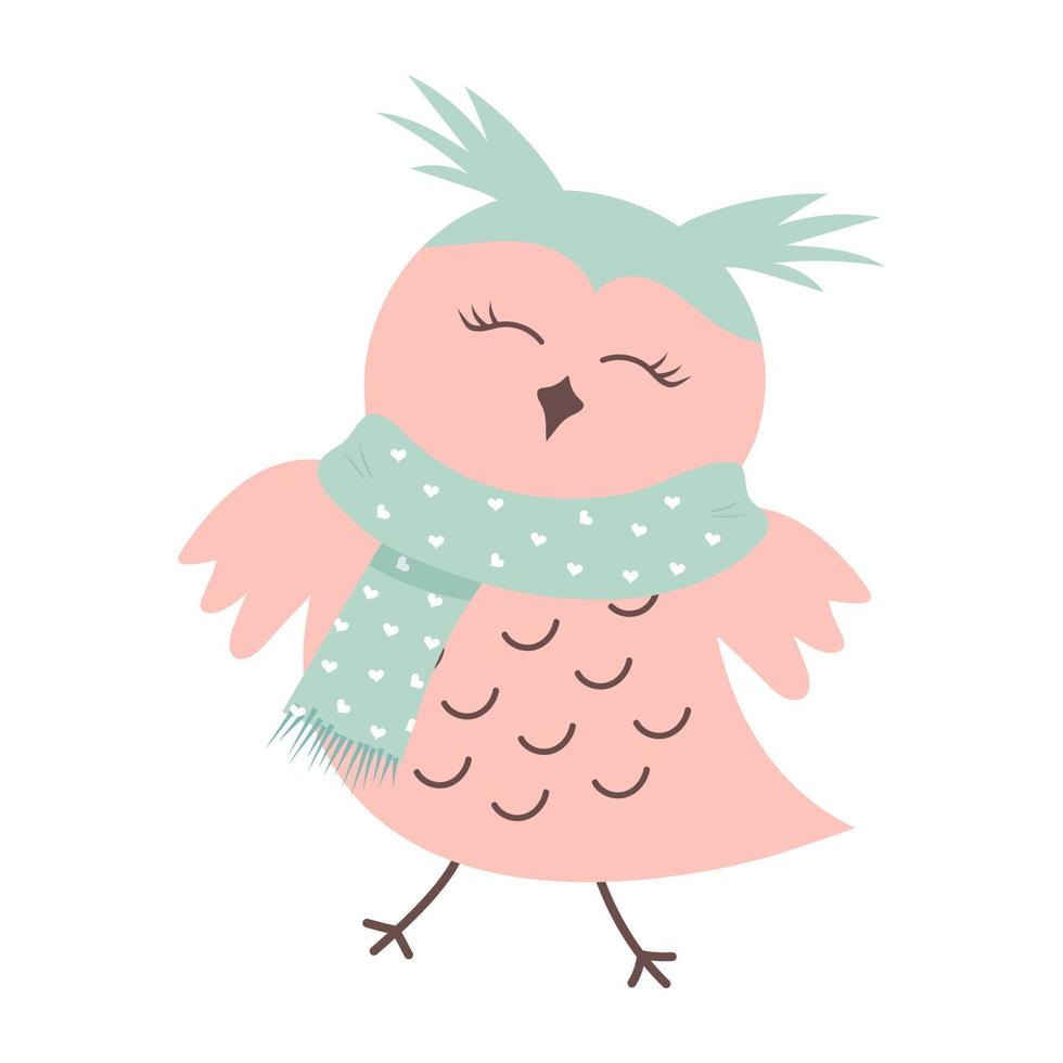 Cute funny arrogant owl in a scarf. Forest bird cartoon character. vector