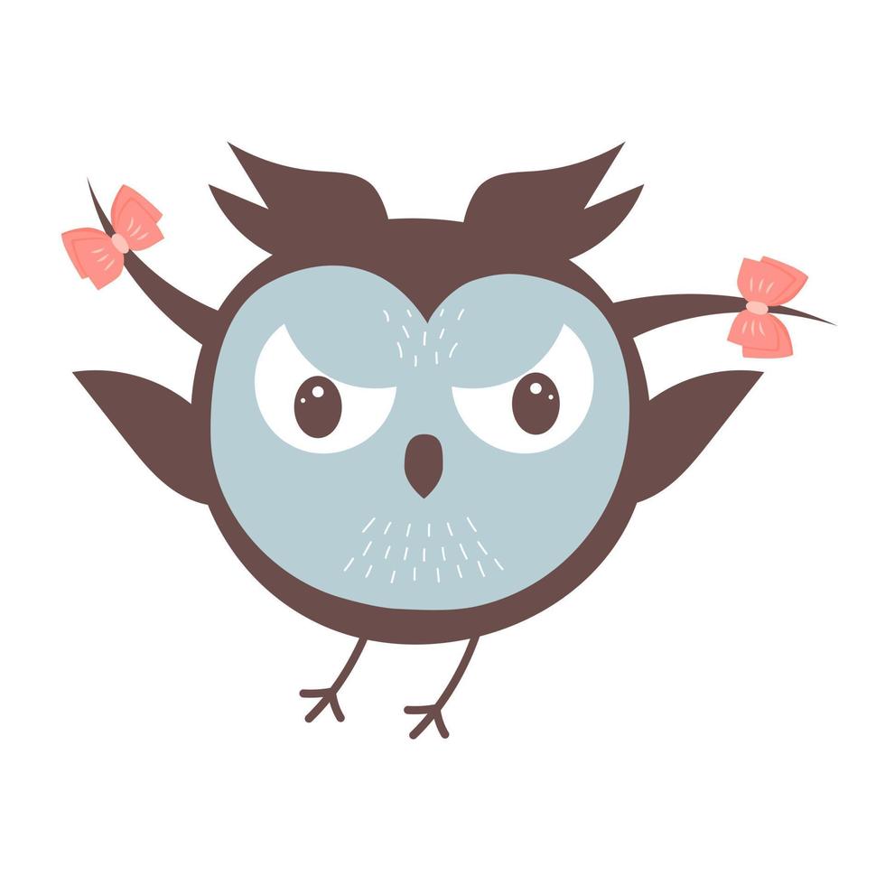 Cute funny angry owl with bows is flying. Forest bird cartoon character. vector