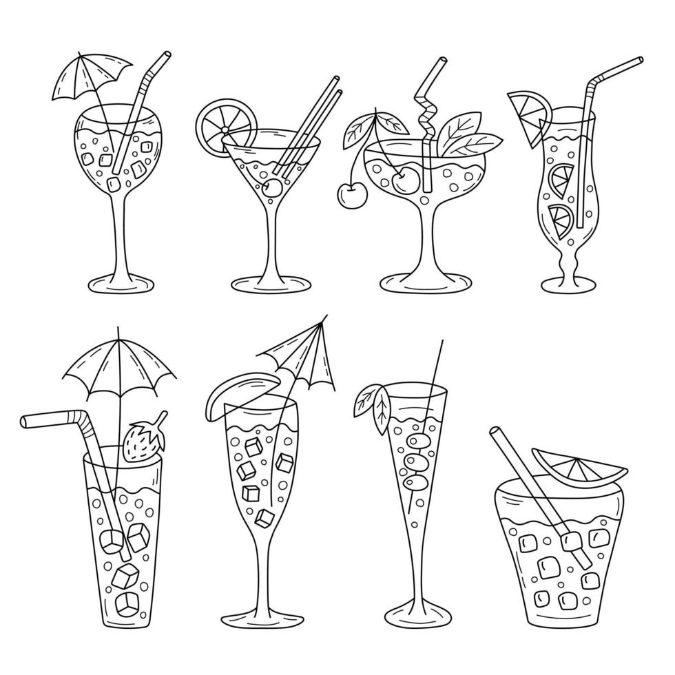 Cocktail doodle set. Hand drawn outline bar drinks. vector