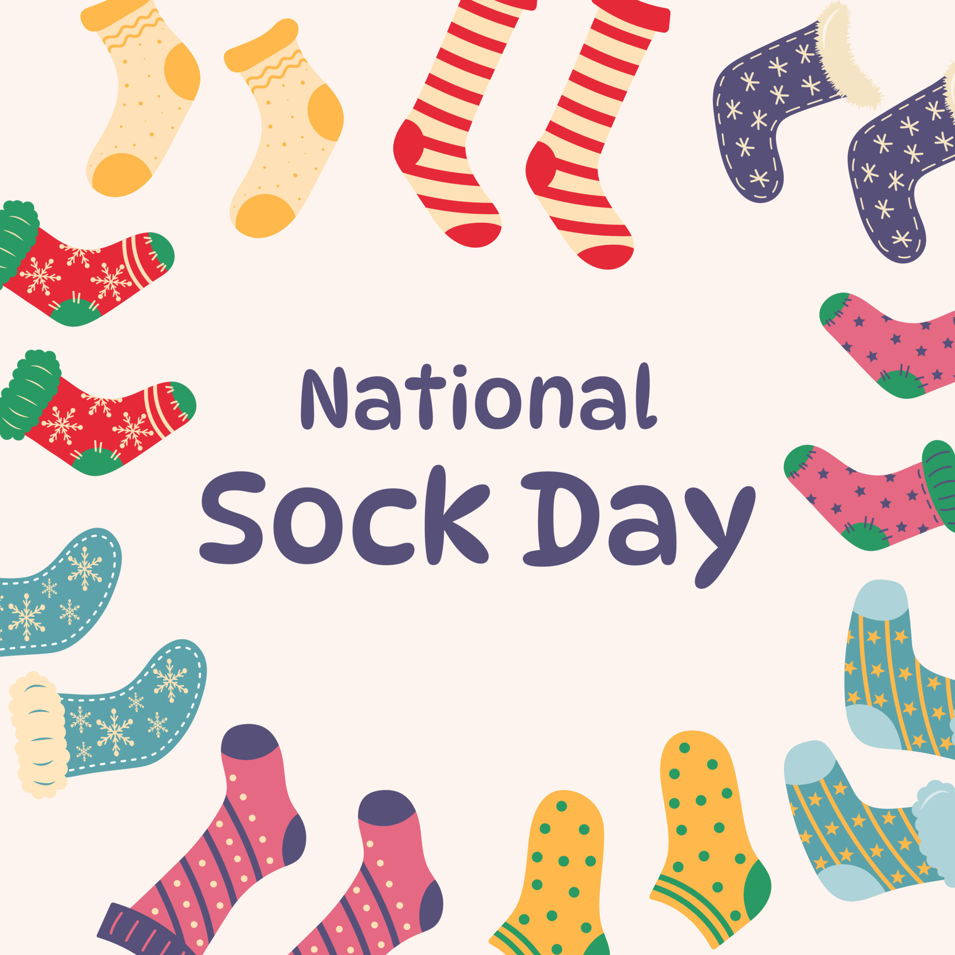 National Sock Day. Various type of colorful woolen knitted socks. Holiday poster, banner