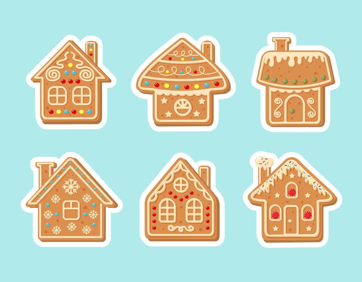 Christmas gingerbread house sticker set. New Year decorative glazed cookies. Winter homemade sweets. vector