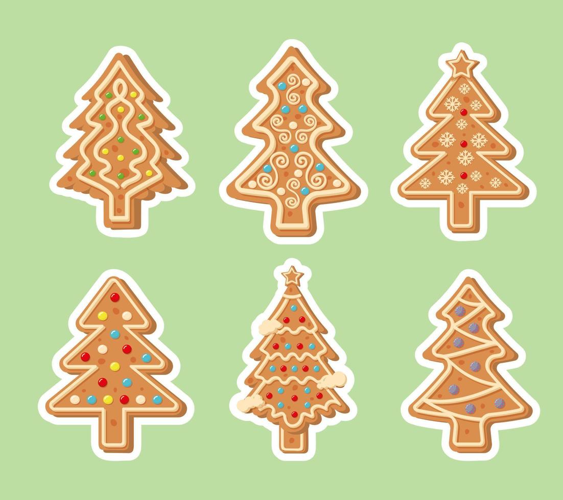 Gingerbread Christmas tree stickers. New Year decorative glazed cookies. Winter homemade sweets. vector