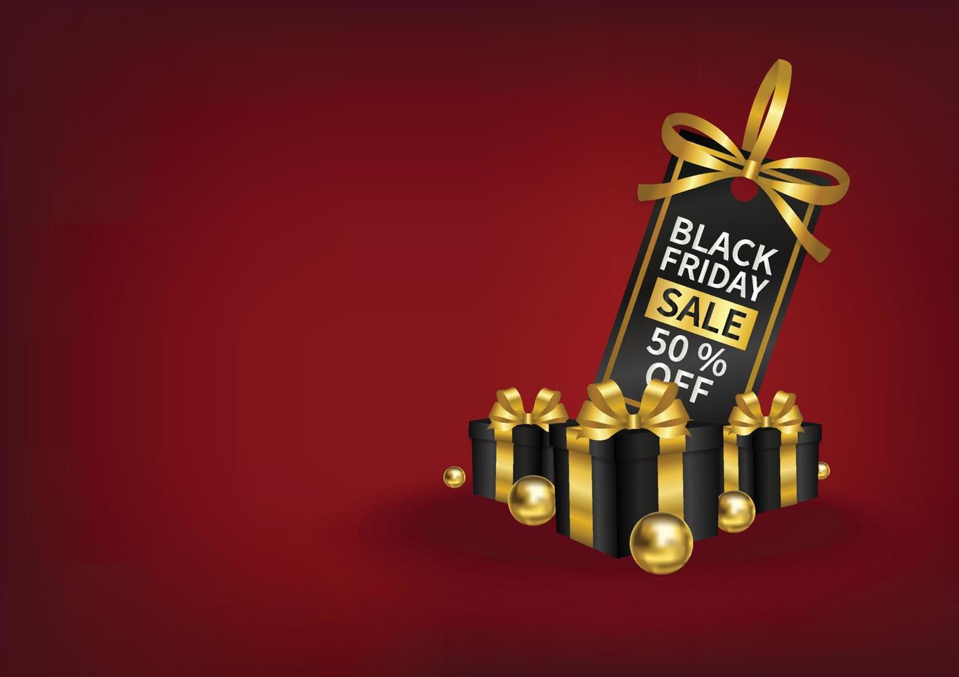 black friday sale price tag with gold ribbon and gifts box red background vector