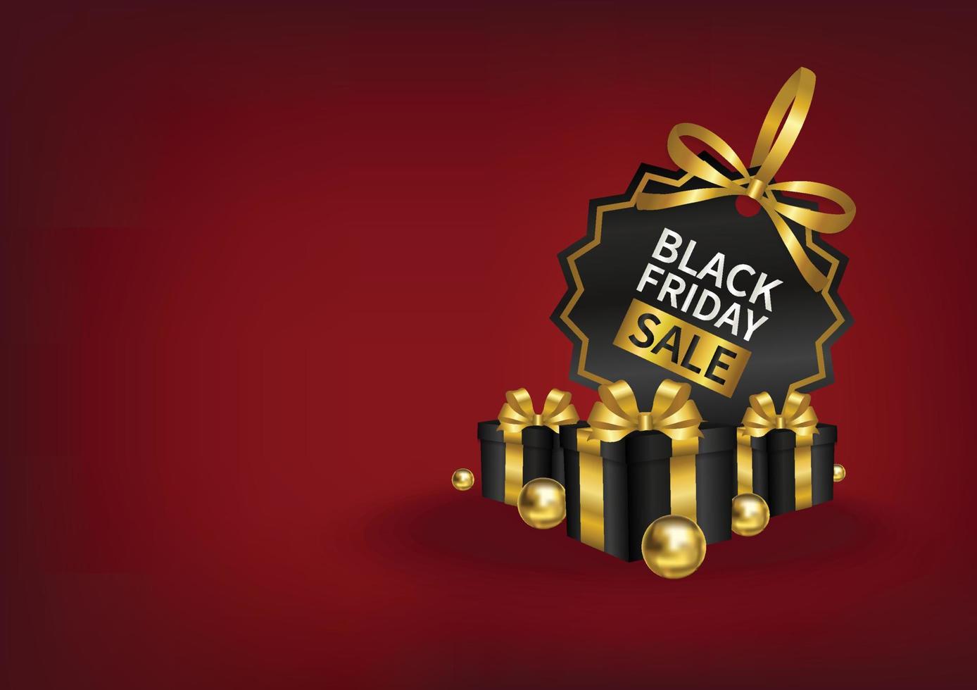 black friday sale price tag with gold ribbon and gifts box red background design vector