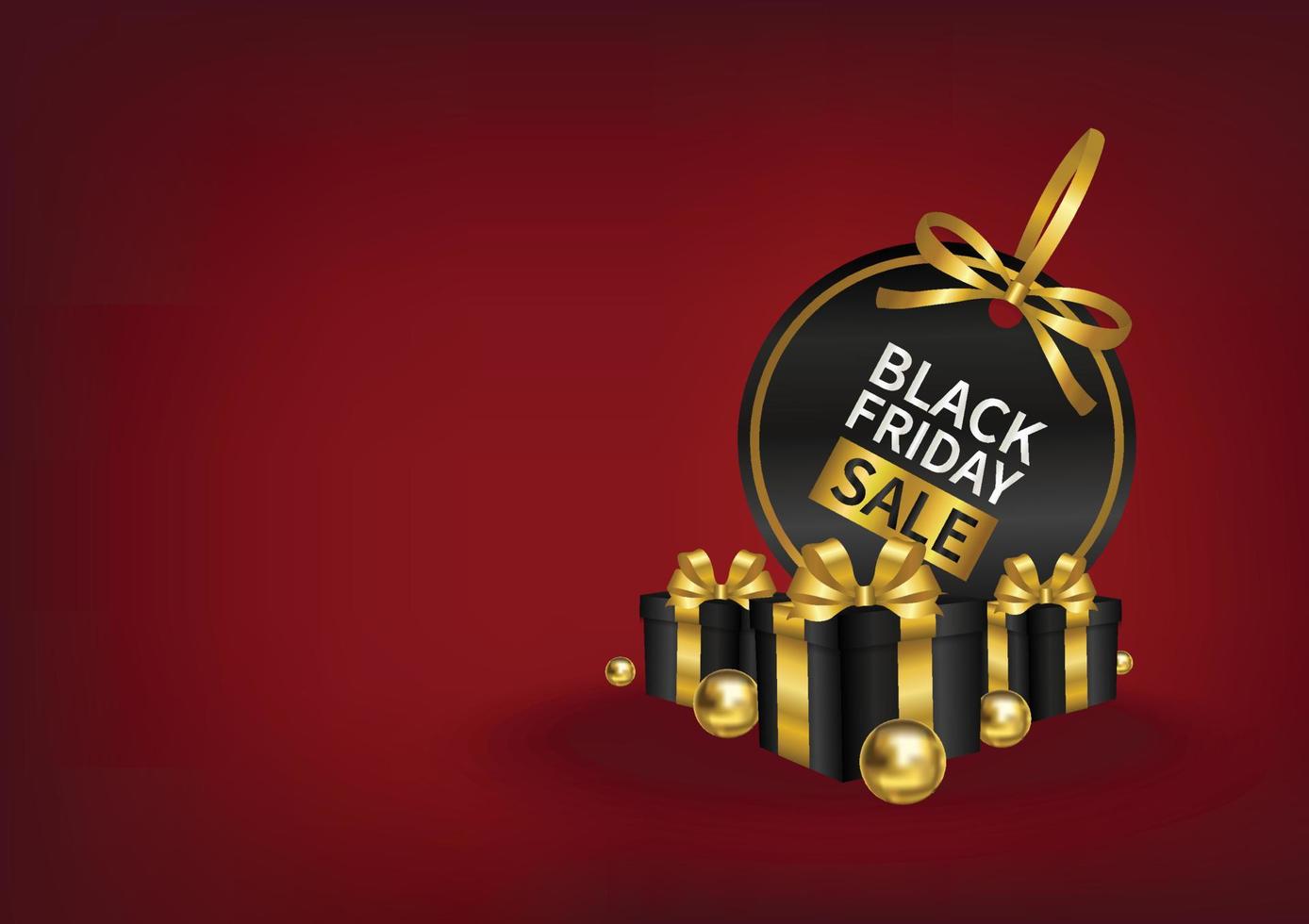 black friday sale price tag with gold ribbon and gifts box red background vector design