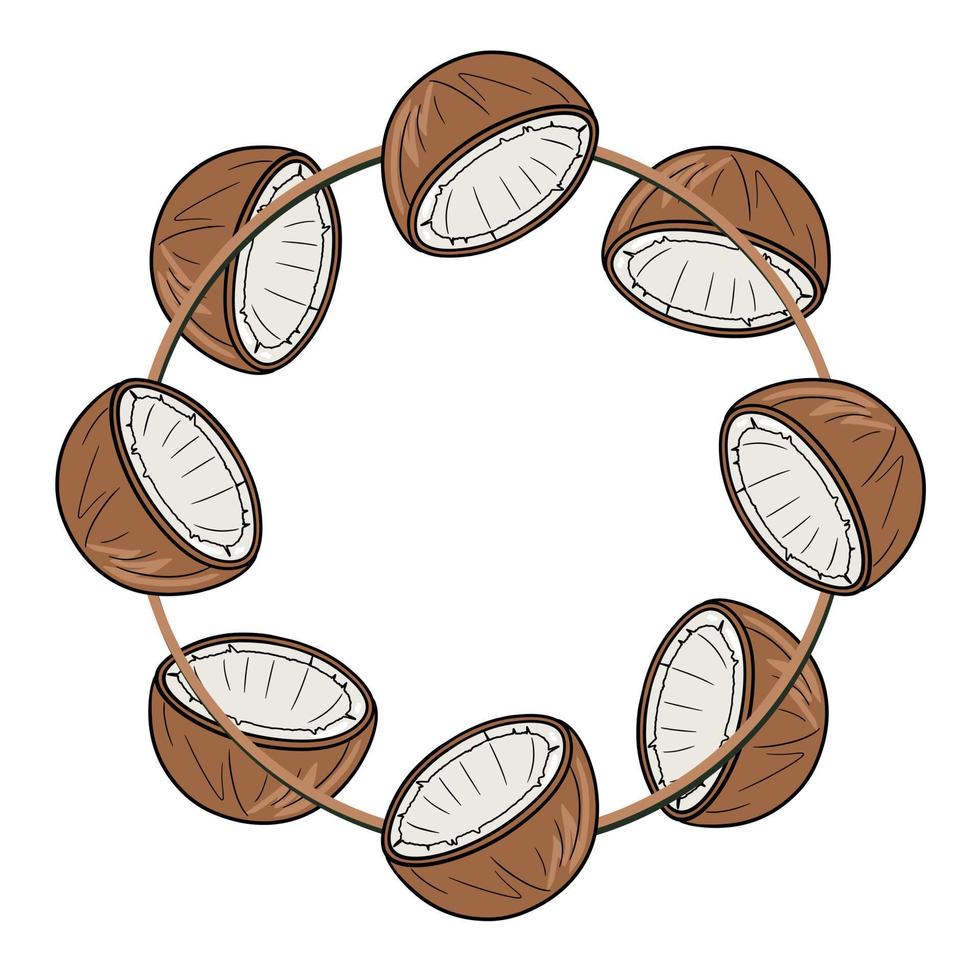 Symmetrical Round frame, brown coconut halves, copy space, vector illustration in cartoon style