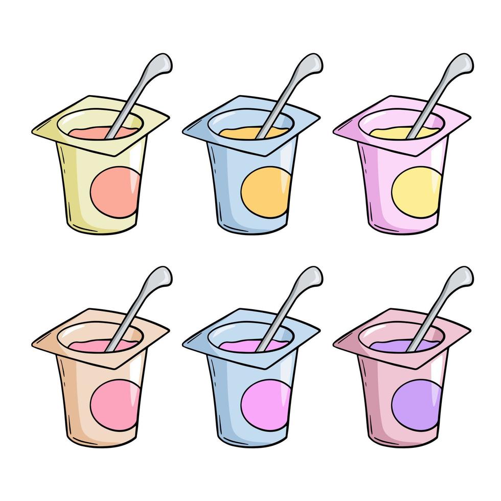 un conjunto de iconos de colores, un pequeño frasco de plástico abierto con yogur de frutas y una cuchara, un espacio de copia, un vector en estilo de dibujos animados