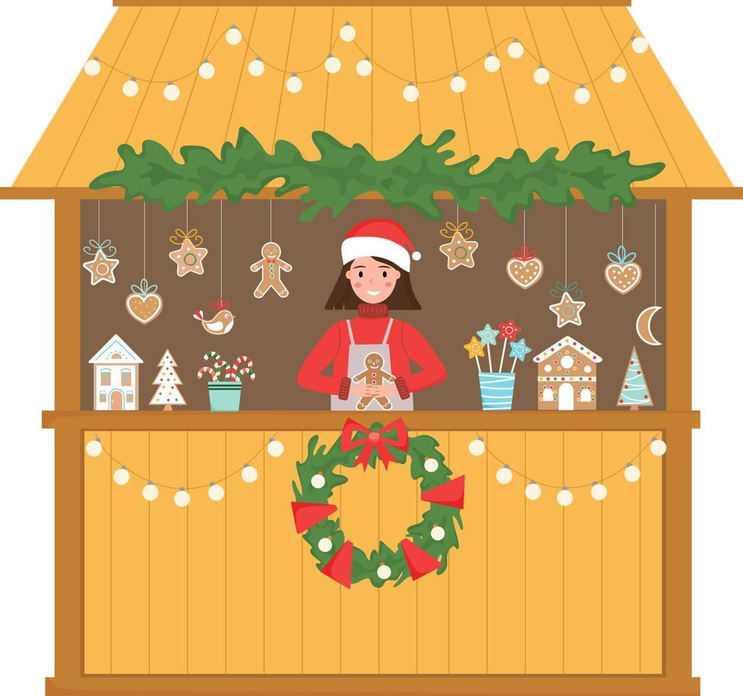 Christmas stall. Young woman sells sweets, cookies and bakery at the kiosk. Christmas market. Festival stand. Vector illustration.