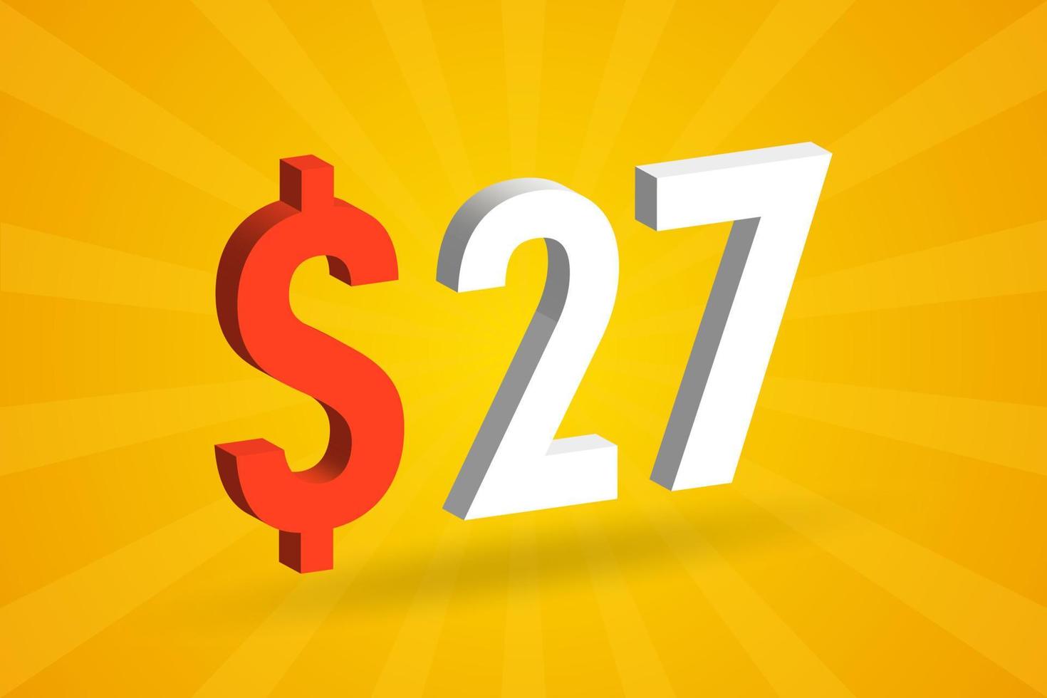 27 usd símbolo de texto 3d. 27 dólares de los estados unidos 3d con fondo amarillo vector de stock de dinero americano