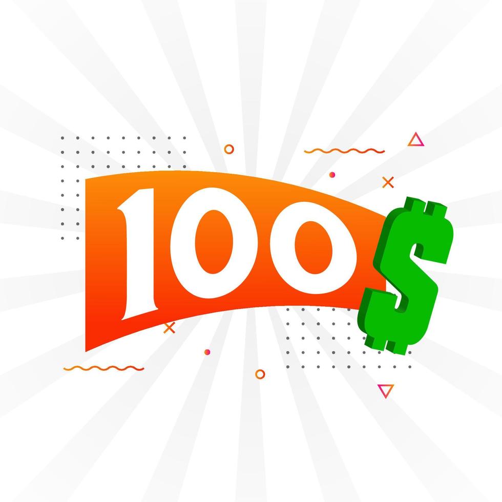 Símbolo de texto vectorial de moneda de 100 dólares. 100 usd dólar de los estados unidos dinero americano stock vector