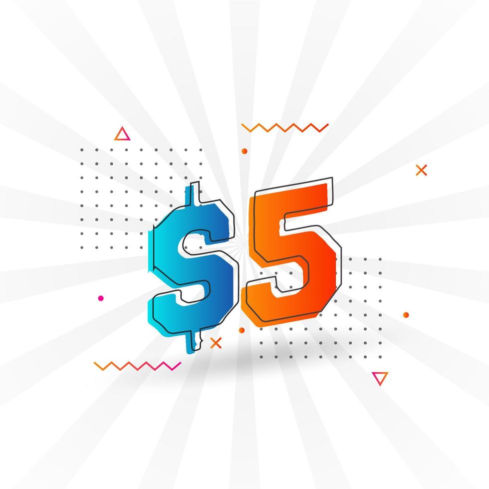 5 Dollar currency vector text symbol. 5 USD United States Dollar American Money stock vector
