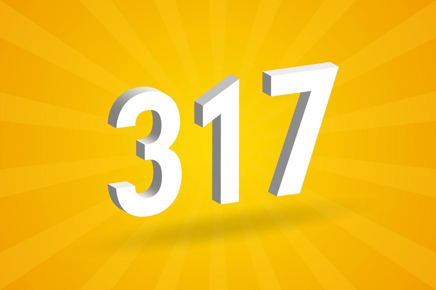 3D 317 number font alphabet. White 3D Number 317 with yellow background vector