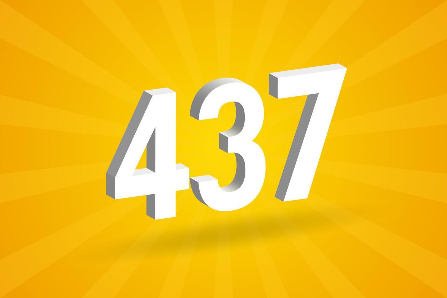 3D 437 number font alphabet. White 3D Number 437 with yellow background vector