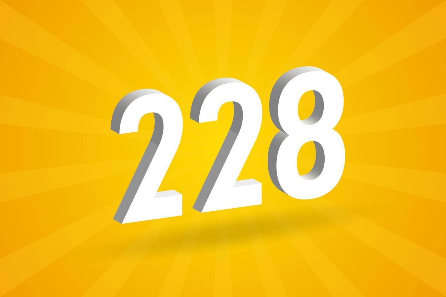 3D 228 number font alphabet. White 3D Number 228 with yellow background vector