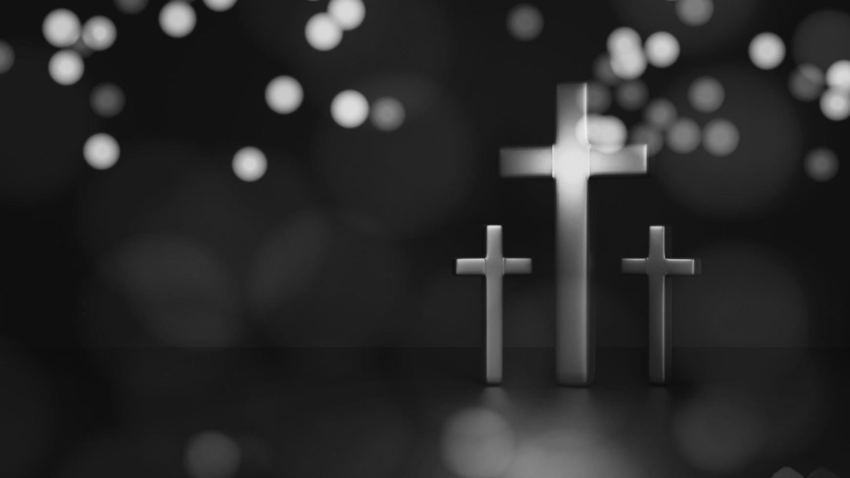 Black and white christian cross on dark background. Church cross. 3d