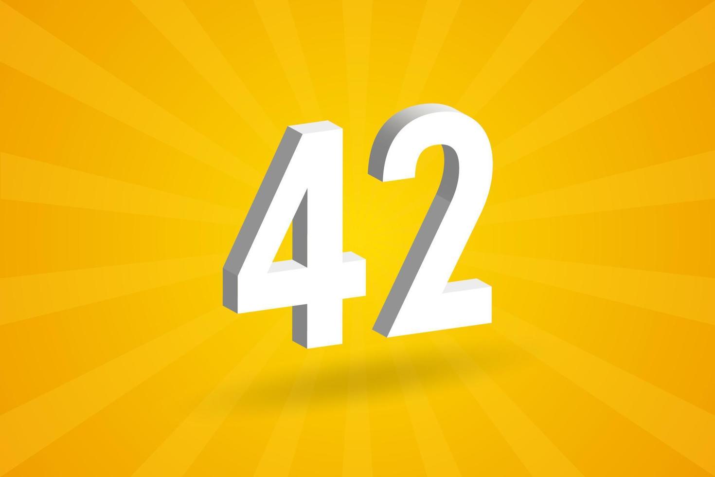 3D 42 number font alphabet. White 3D Number 42 with yellow background vector