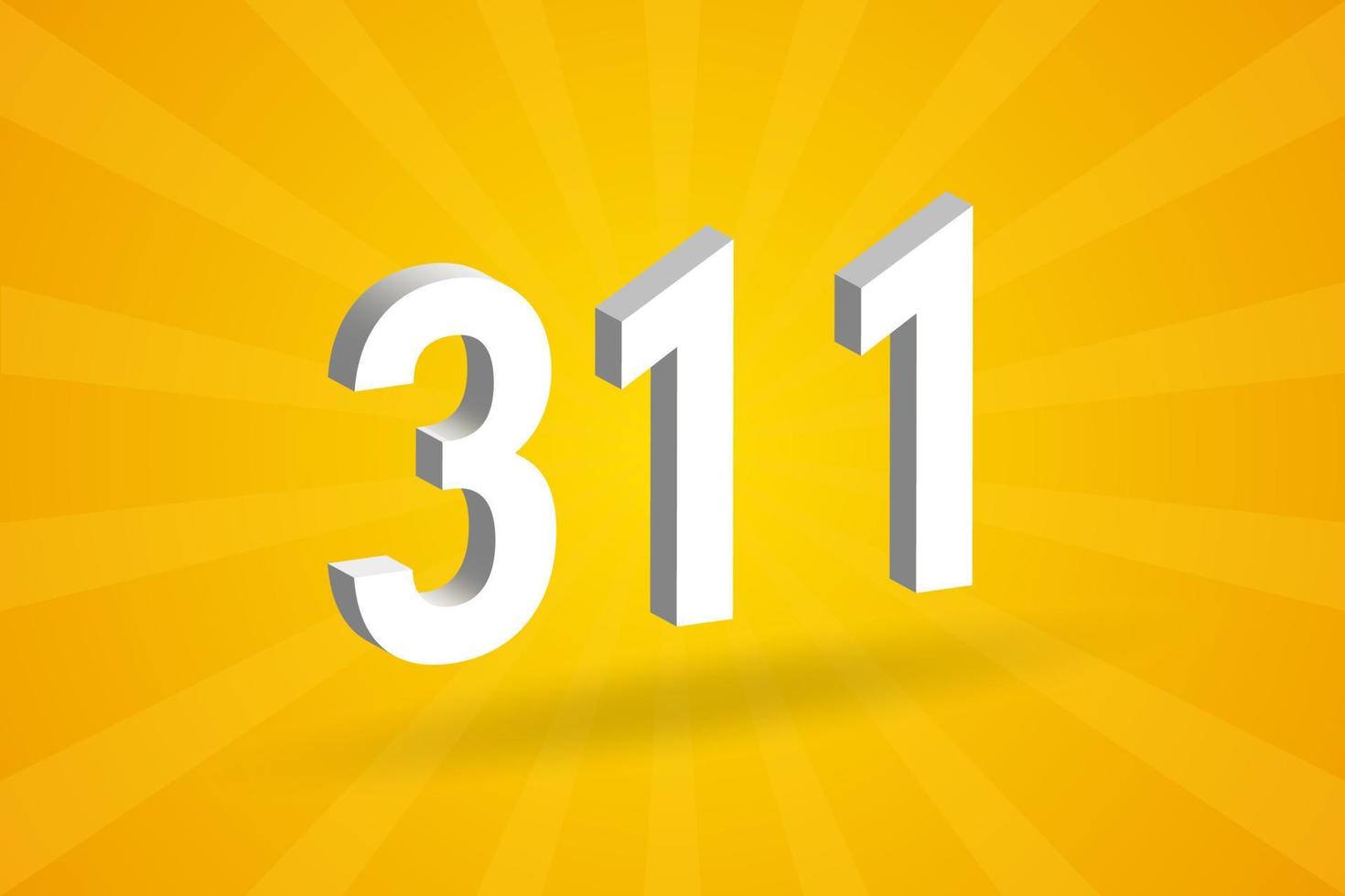 3D 311 number font alphabet. White 3D Number 311 with yellow background vector