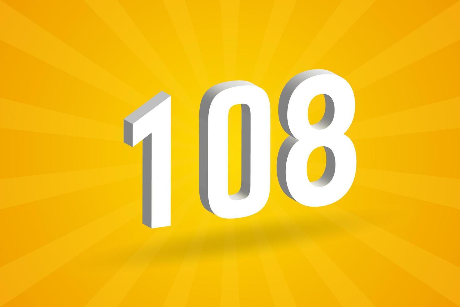 3D 108 number font alphabet. White 3D Number 108 with yellow background vector