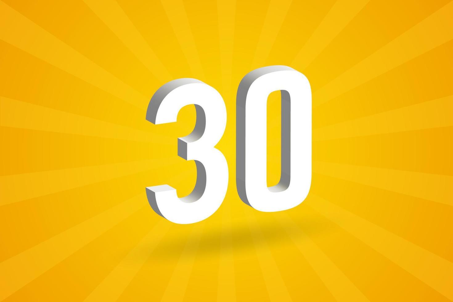 3D 30 number font alphabet. White 3D Number 30 with yellow background vector