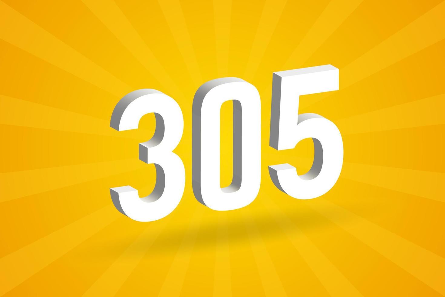 3D 305 number font alphabet. White 3D Number 305 with yellow background vector