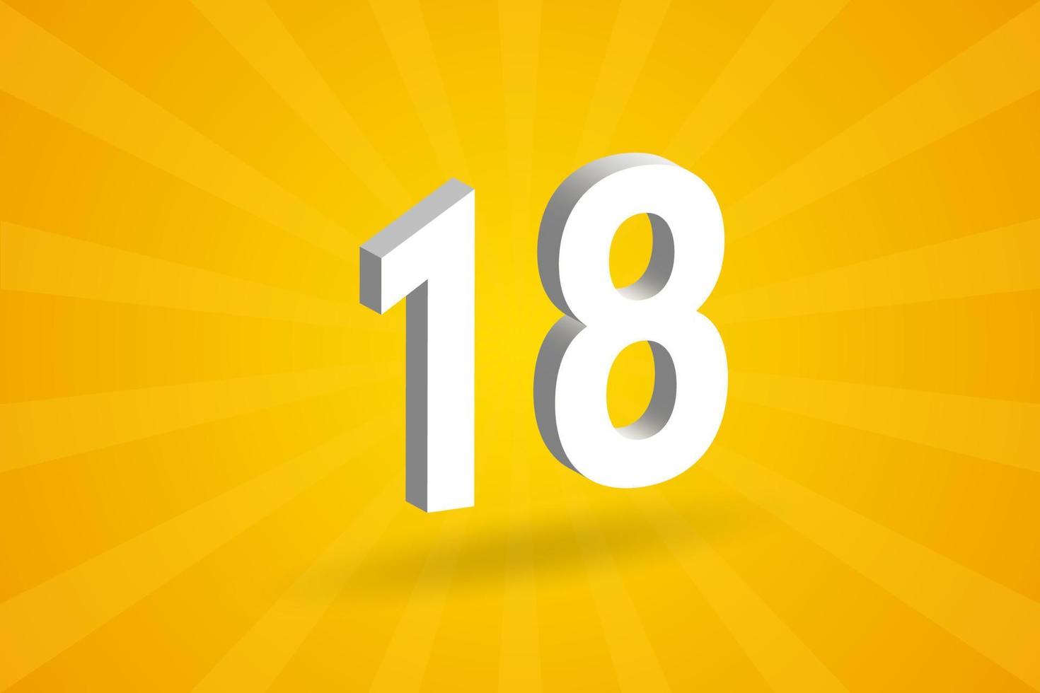 3D 18 number font alphabet. White 3D Number 18 with yellow background vector