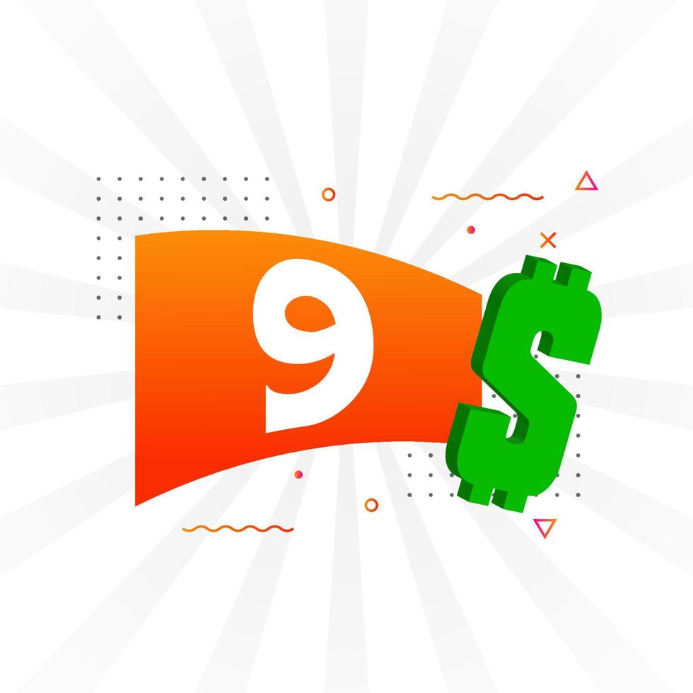 9 Dollar currency vector text symbol. 9 USD United States Dollar American Money stock vector
