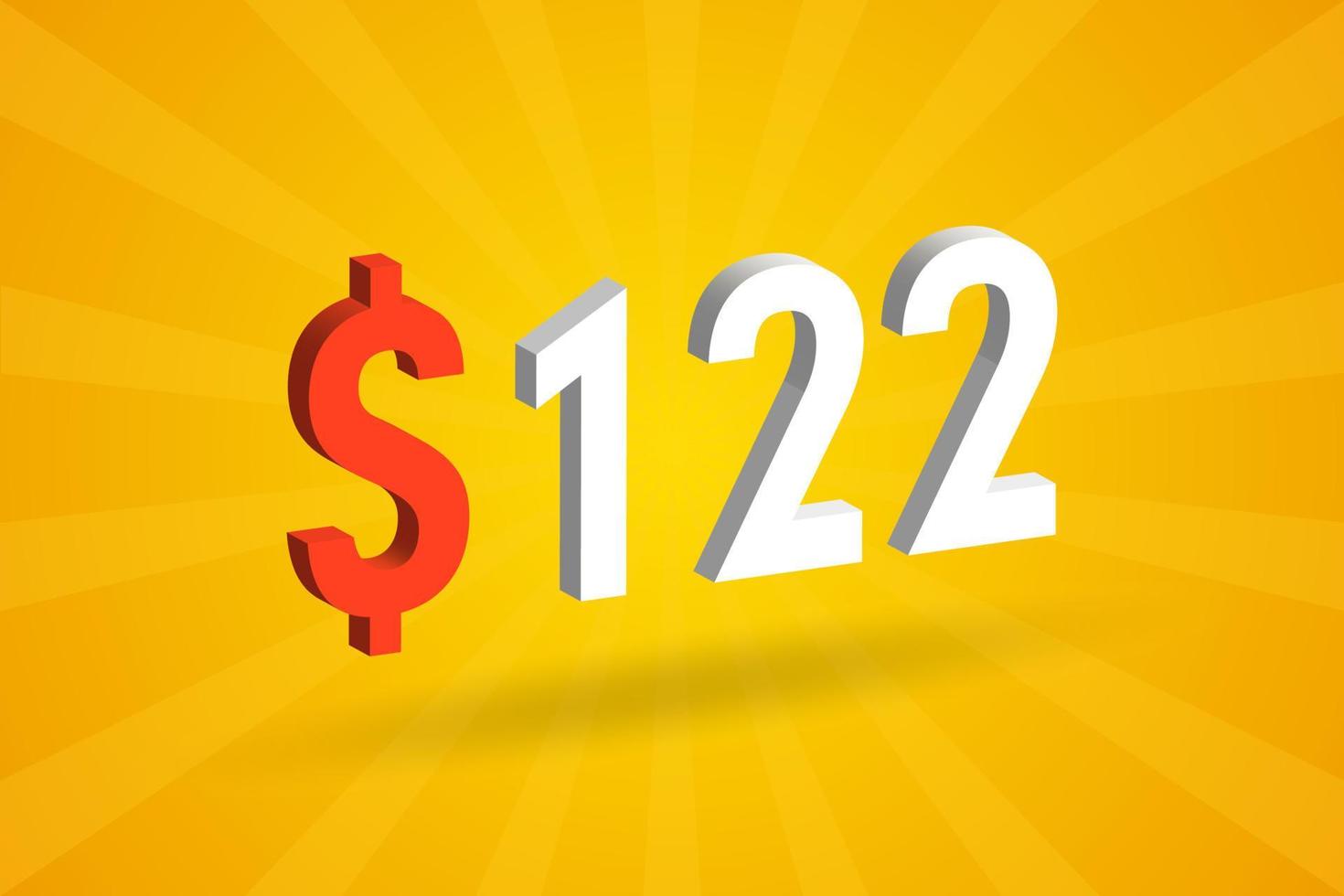 122 usd símbolo de texto 3d. 122 dólar de los estados unidos 3d con fondo amarillo vector de stock de dinero americano
